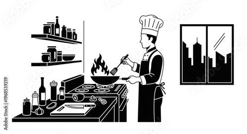 Chef cooking food in a restaurant kitchen with city view.