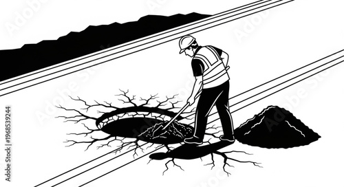 Construction worker digging a hole with a shovel on a road.