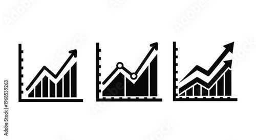 Three ascending bar graphs with lines representing growth and statistical data