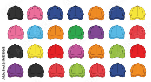 A grid of thirty identical baseball caps in various solid colors is neatly arranged on a white background.