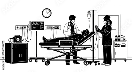 Medical professionals attend to patient on gurney in hospital room.