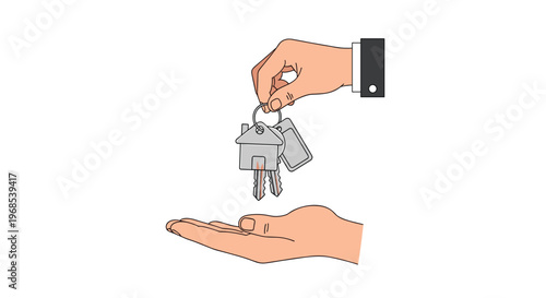 One cartoon hand is passing a keyring with keys and a house charm to another open hand against a white background.