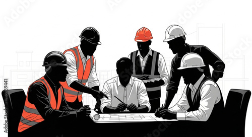 Construction workers collaborating on blueprints at a meeting table.