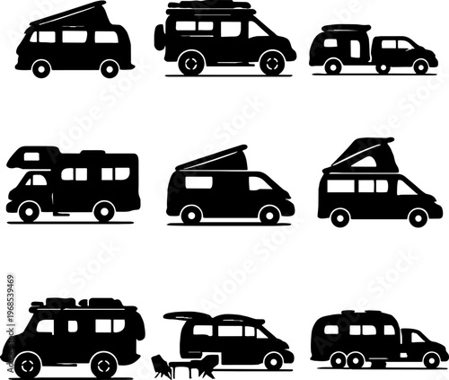 black silhouettes of various camper vans and cars with surfboards