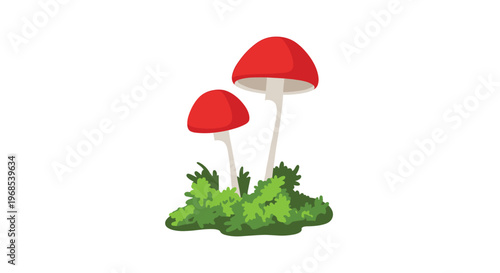 Two red-capped mushrooms with white stems grow from a green moss clump on a plain white background.