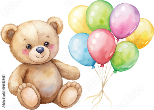Teddy Bear Watercolor Illustration with Balloons Cute Baby Animal Isolated Cartoon Style