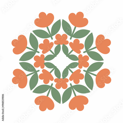 Flower Mandala with Orange Blooms and Green Leaves