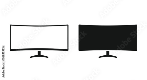 Two curved computer monitors one white one black side by side