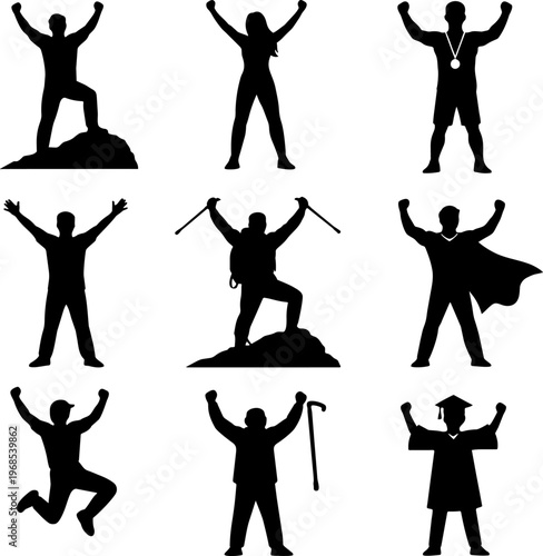 black silhouettes of people celebrating with raised arms