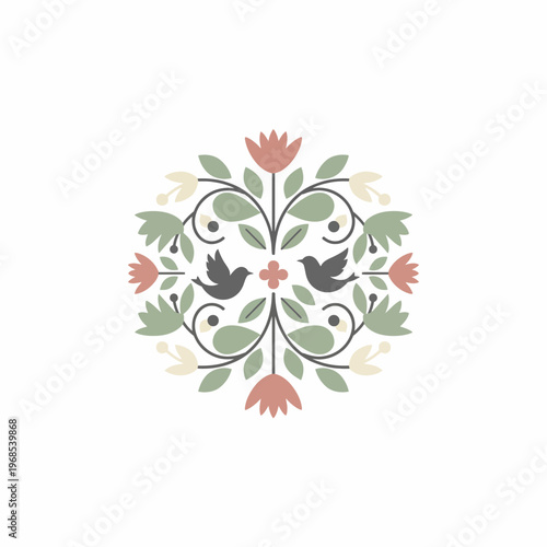 Floral mandala with birds and leaves