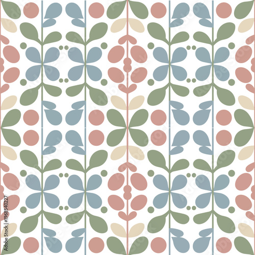 Patterned Botanical Branches with Leaves and Circles