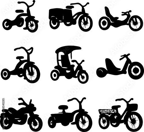 black silhouettes of various bicycles and tricycles