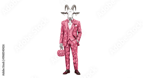 A whimsical anthropomorphic goat in a textured pink suit and holding a matching spherical bag stands on a white background.