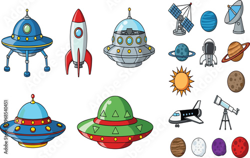 Space Exploration Vector Icon Set Featuring Alien UFO Spaceships Rockets Planets Astronauts and Astronomy Telescope Equipment for Science Fiction and Educational Designs