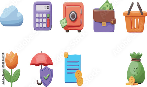 Business Finance and Personal Banking Icon Collection Featuring Money Bags Safes Wallets and Insurance Security Symbols for Financial Planning and Investment Illustrations