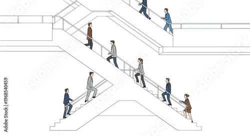 Nine stylized people walk on intersecting white stairs and escalators in a minimalist line-art style on a white background.