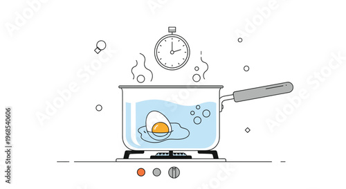 Simple step by step guide showing the process of boiling an egg in a pot of water on a kitchen stove with a timer.