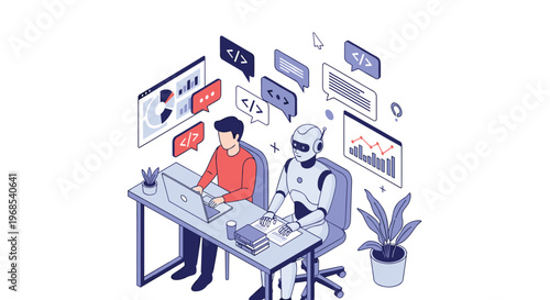Futuristic collaboration concept with a human and an AI robot working together on complex coding and data analysis.