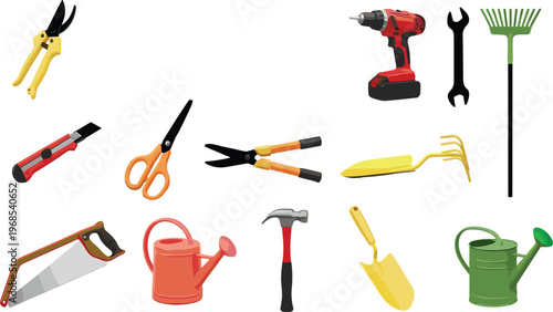 Comprehensive Garden and Construction Tool Collection Featuring Drills Saws Watering Cans and Hand Tools for Home Maintenance Renovation and Gardening Projects