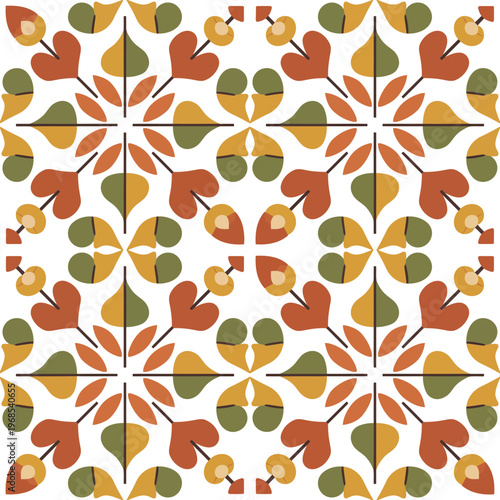 Geometric Floral Pattern with Leaves and Buds