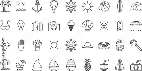 Summer Travel Outline Icon Set, Vector Illustration Featuring Beach, Vacation, Sea, Nautical, and Holiday Symbols in Clean Minimal Line Style for UI, Apps, and Website Design