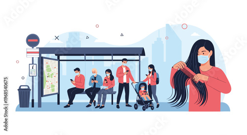 Commuters wearing protective masks wait at a city bus stop while using their mobile phones in a modern urban environment.
