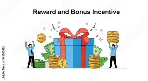 Reward and bonus incentive concept with happy employees celebrating around a giant gift box and stacks of gold coins.