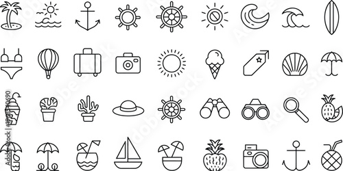 Summer Travel Outline Icon Set, Vector Illustration Featuring Beach, Vacation, Sea, Nautical, and Holiday Symbols in Clean Minimal Line Style for UI, Apps, and Website Design