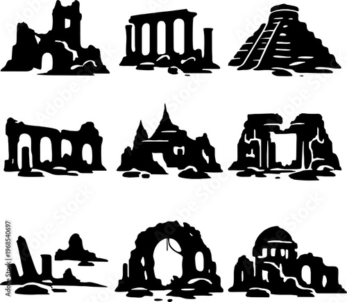 black and white silhouette icons of ancient ruins and monuments