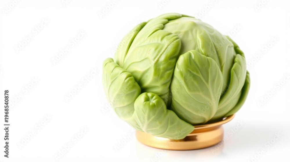 Fototapeta premium Savoy cabbage sits atop golden stand. Fresh produce, vibrant green hues, simple studio shot. Clean background enhances vegetable form.