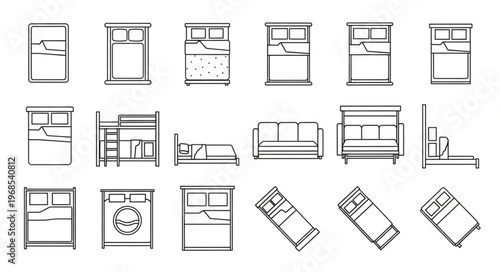 Collection of Bed Illustrations - Top-Down and Perspective Views.