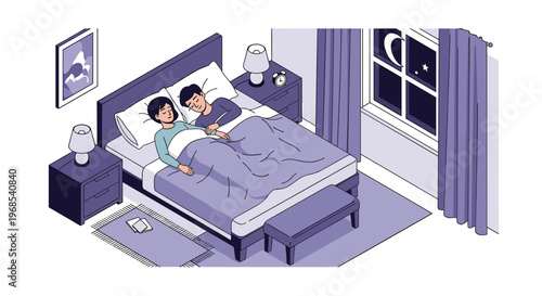 Young couple sleeping comfortably in their bed at night with the moon and stars visible through the bedroom window.
