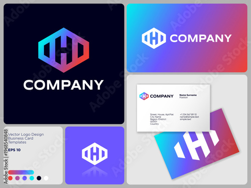 Letter H inside geometric shape on  different backgrounds. Monogram consists of geometry elements. A icon with Identity and business card and main colors.