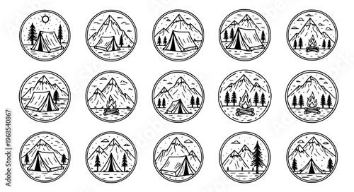 Camping Badge Icons Vector with Circular Adventure Logos and Stamp Designs