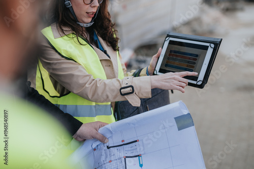 A female construction engineer in a reflective vest points at a tablet while holding site blueprints. The engineers review digital plans and paper drawings during an on-site project consultation.