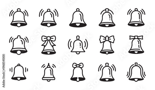 Set of notification bell icons in different styles of ringing and decoration for apps and websites.