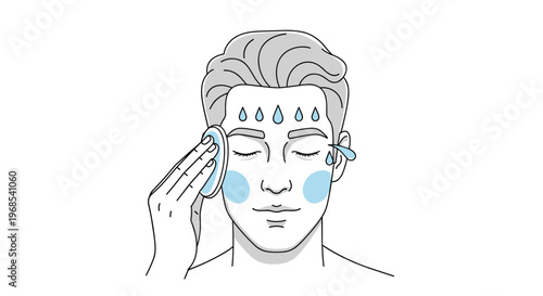 Line art illustration of a man using a cotton pad for facial cleansing with blue highlights and water droplets.