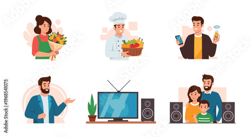 Set of diverse characters and icons representing different lifestyles including a chef, a florist, and family time.