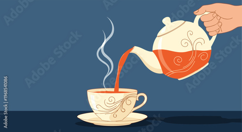 Human hand pouring hot tea from a white ceramic teapot with floral patterns into a matching cup on a dark table.