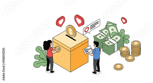 Isometric illustration of people contributing money to a charity donation box with stacks of bills and heart icons.