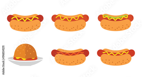 A collection of six hot dogs with various toppings and one burger on a plate are displayed on a white background.