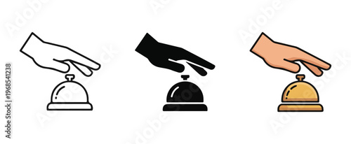 Hand pressing service bell icon set in outline, solid, and color styles vector illustration.