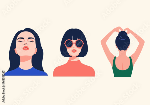 Set of Minimalist Flat Vector Illustrations Featuring Three Women Representing Fashion, Wellness, and Relaxation Concepts