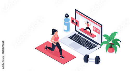 Woman exercising at home following an online workout tutorial on her laptop while performing lunges on a yoga mat.