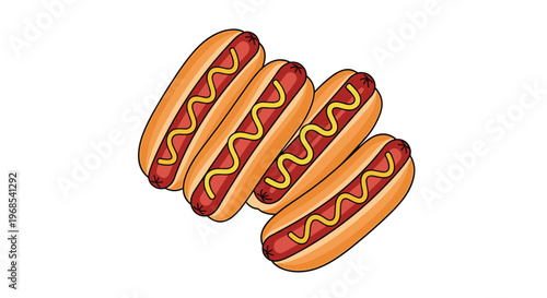Four plump hot dogs with bright yellow mustard are arranged diagonally on a stark white background.