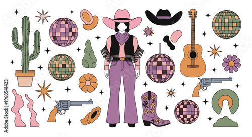 Retro Disco Cowgirl Vector Clip Art Set - Western Boho Elements for Bachelorette Party and Groovy Nashville Aesthetic