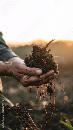 A farmer's hands cradling rich soil, showcasing the deep connection between agriculture and the earth, with a warm, sunlit backdrop.