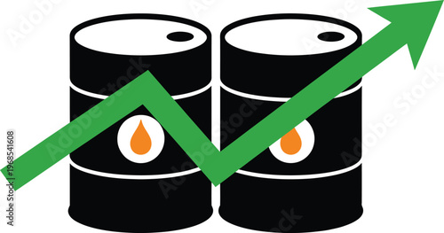Oil barrel energy price increase chart with green arrow showing rising market trend on fuel storage.