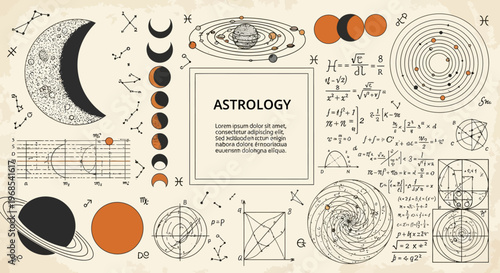 Vintage Astrology and Astronomy Background with Moon Phases, Celestial Orbits, Mathematical Formulas, and Sacred Geometry