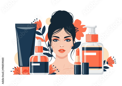 Beauty and Skincare Products Flat Illustration with Woman and Floral Design